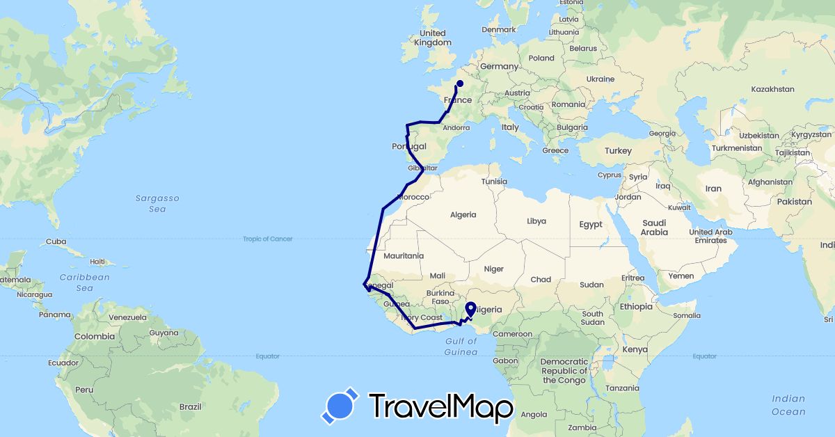 TravelMap itinerary: driving in Benin, Côte d'Ivoire, Spain, France, Ghana, Gambia, Morocco, Nigeria, Portugal, Senegal, Togo (Africa, Europe)